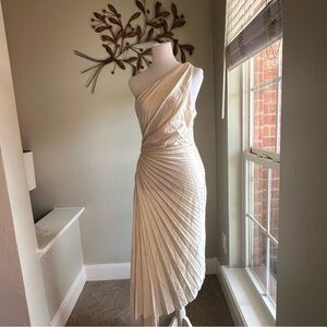 (NWT) Dress Forum One-Shoulder Cream Pleated Midi Dress Size M
